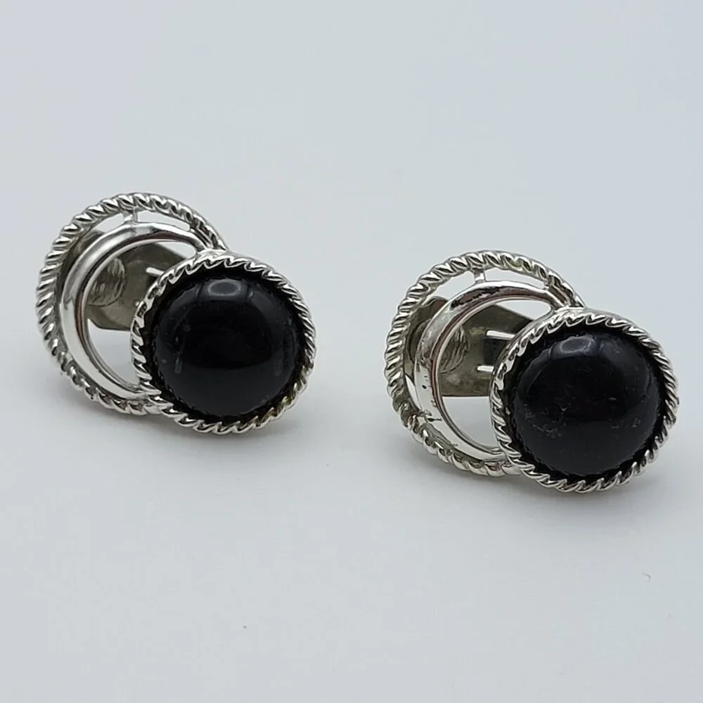 Vtg. Sarah Coventry Modernist Silver Tone Black Lucite Stud Earrings Clip On 1" - Picture 2 of 8